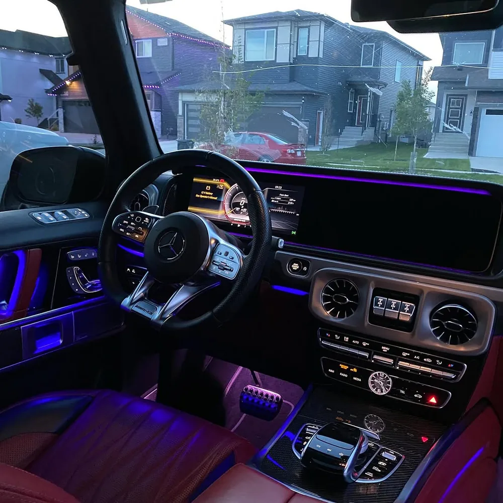 Detailed luxury SUV interior with ambient lighting